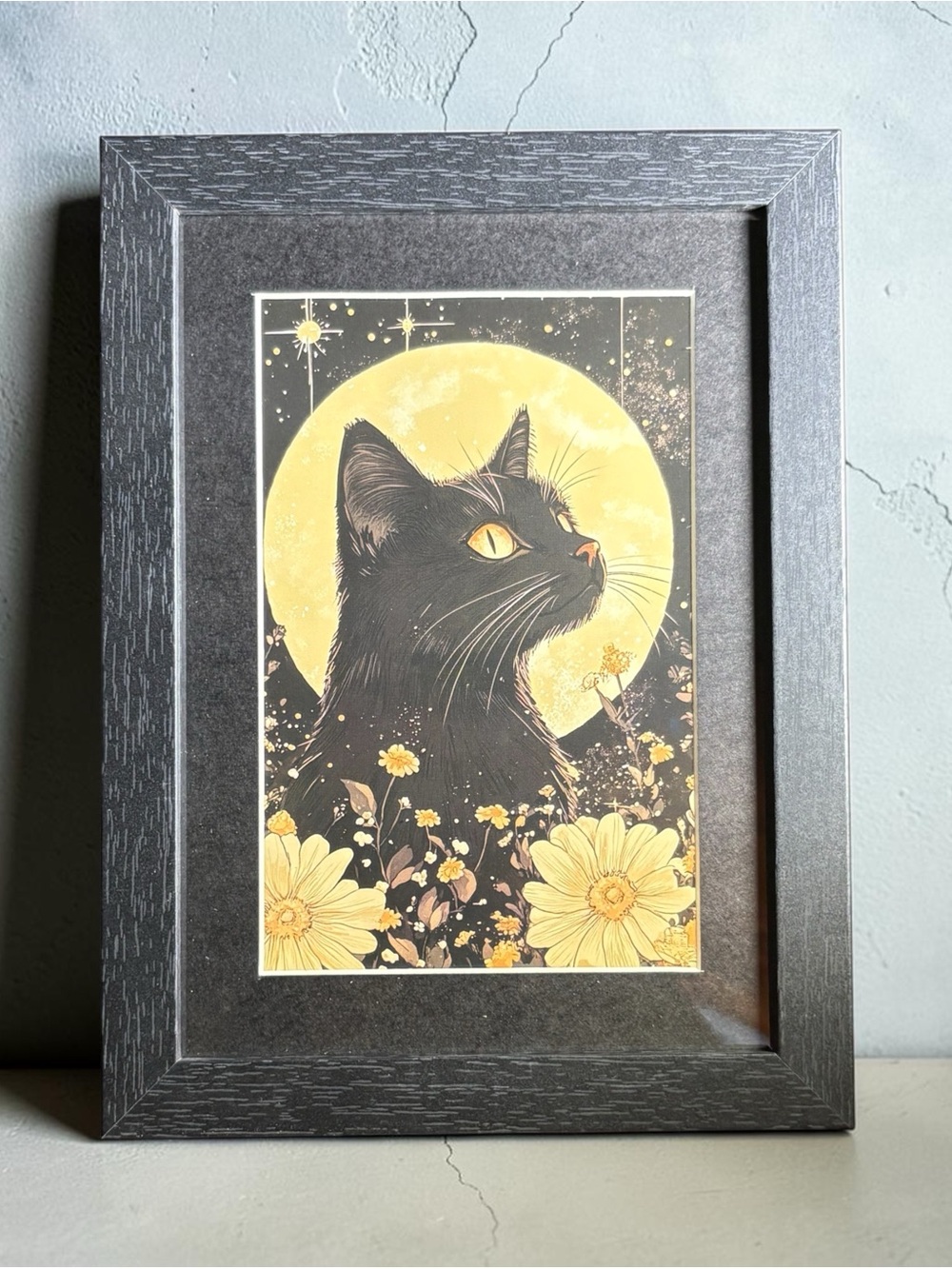 Black Cat Full Moon Floral Framed Art Print 5x7 Celestial Gothic Decor